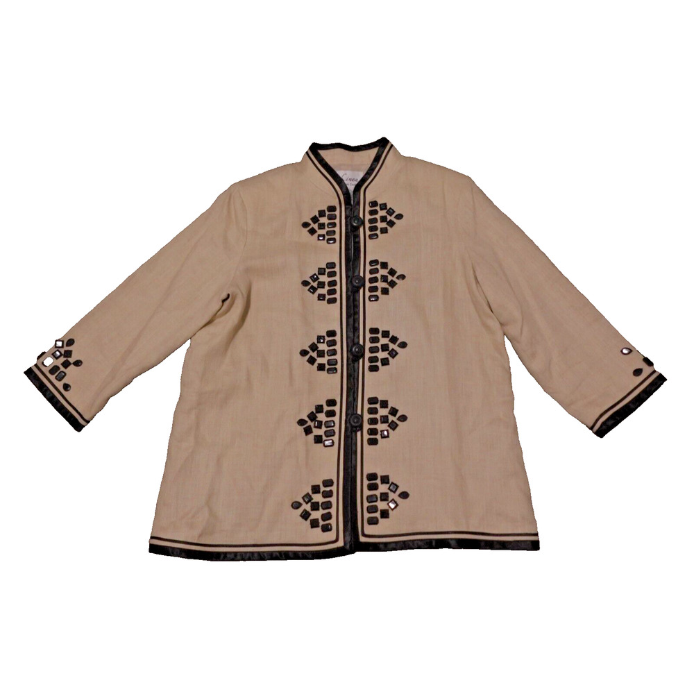 Linea Louis Dell'Olio Women Large‎ Jacket 100% Linen Beaded Lined Tan